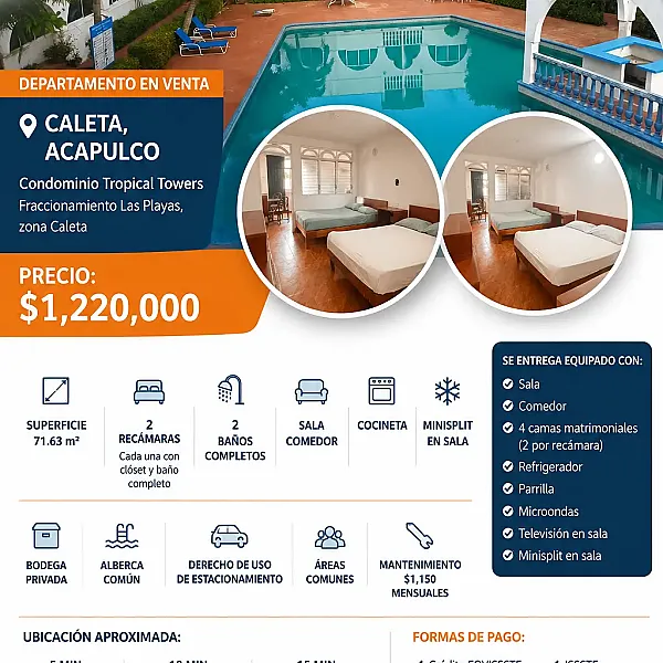 Departamento en Venta en Caleta, Acapulco | 2 Recámaras + Alberca | $1,220,000